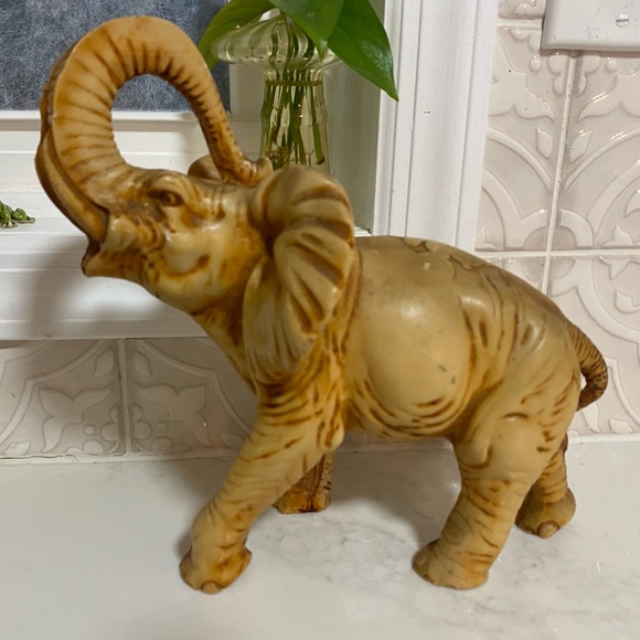 Vintage Alabaster Elephant Statue With Lucky Upturned Trunk made in Italy 11x10”